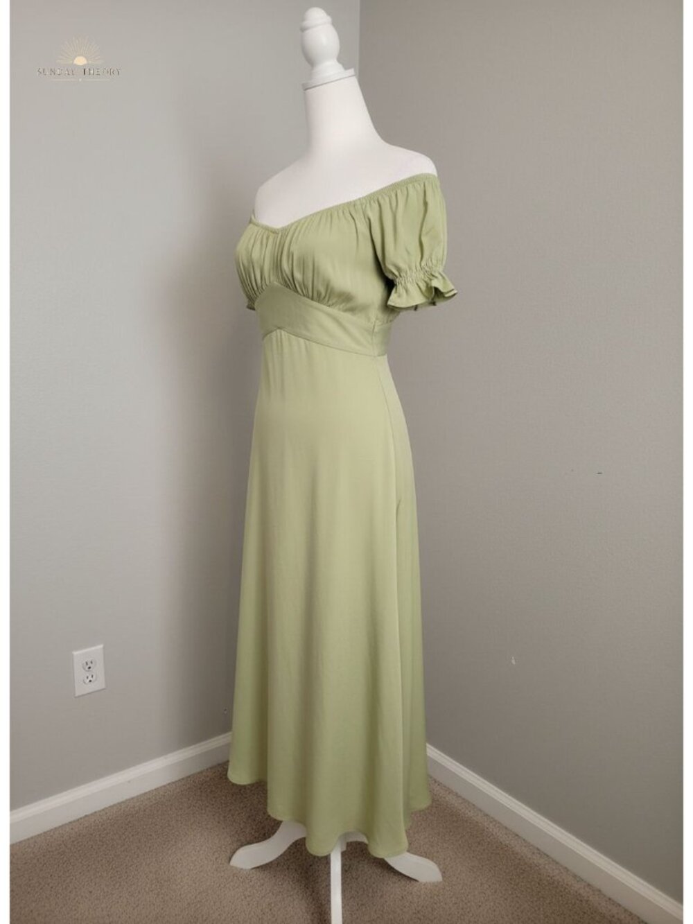 Satin Off Shoulder Midi Dress Puff Sleeve Mermaid Hem Formal